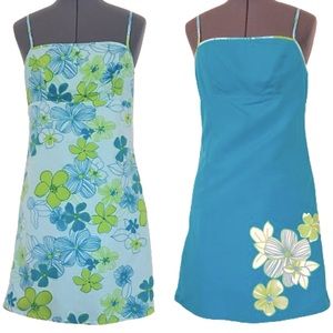 Vintage Y2K Turquoise Lime Green Floral Dress Spaghetti Strap Reversible Medium